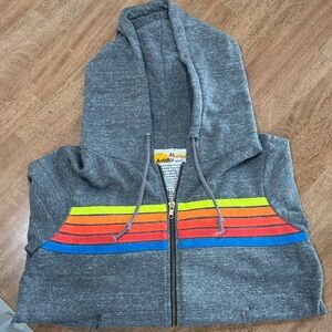 Aviator Nation Gray Hoodie with Neon Rainbow Chest Stripes